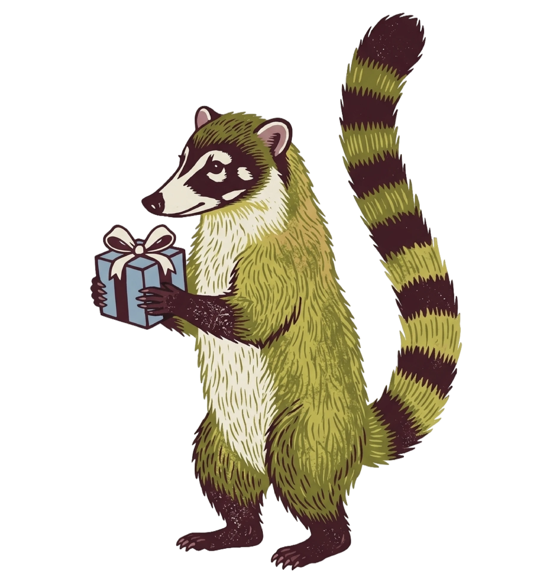 A coati holding a gift